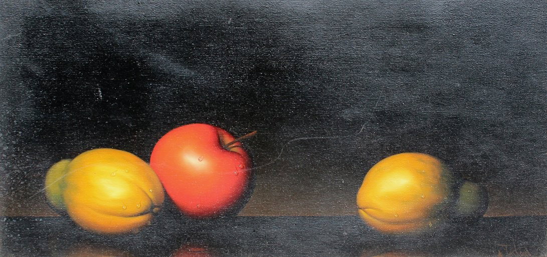 ALFRED JACKSON PAINTING STILL LIFE OF FRUIT: JACKSON, Alfred, (American, 1940-2001): Still Life With Fruit, Oil/Canvas, 12" x 24", signed lower right, gilded frame with minor wear, 17 1/2" x 29 1/2".
