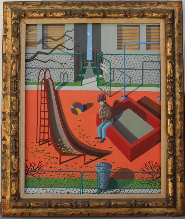 SURREAL GERMAN PLAYGROUND PAINTING: UNUSUAL GERMAN SURREAL PLAYGROUND SCENE: signed 'Mynatt', depicts a lone child sitting on the edge of a sandbox in Frankfurt, Oil/Canvas, 31 1/2'' x 27 1/2'', carved frame, 38'' x 32''.
