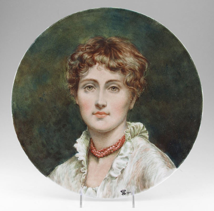 MINTON CHARGER Hand Painted Portrait Maiden 1887: HAND PAINTED MINTON CHARGER: Portrait of a young lady, dated 1887, impressed Minton, 13 1/2'' dia.