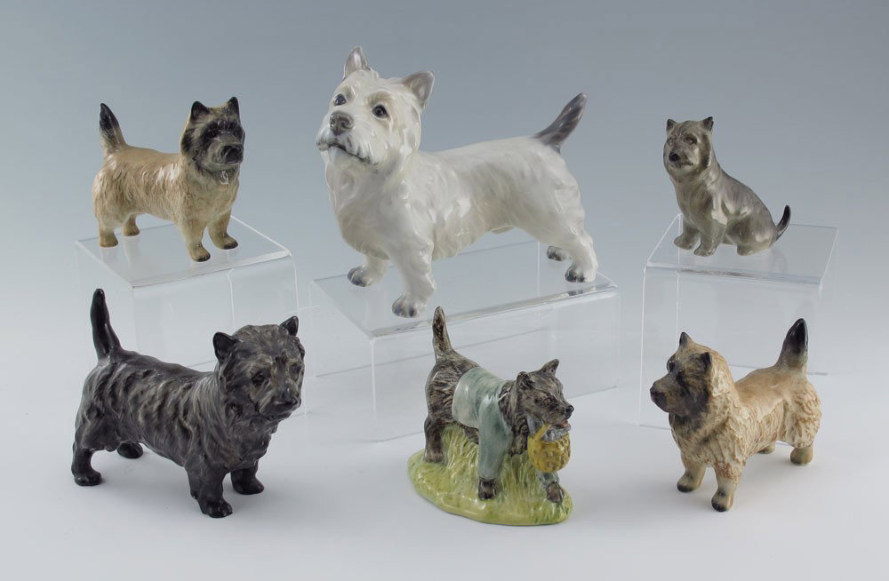 6 PIECE PORCELAIN TERRIER DOG GROUPING: 6 PIECE PORCELAIN TERRIER DOG GROUPING: 6 dogs to include Dahl Jensen, Beswick, Beatrix Potter and Royal Copenhagen. Largest measures 4 1/2" h. x 5".