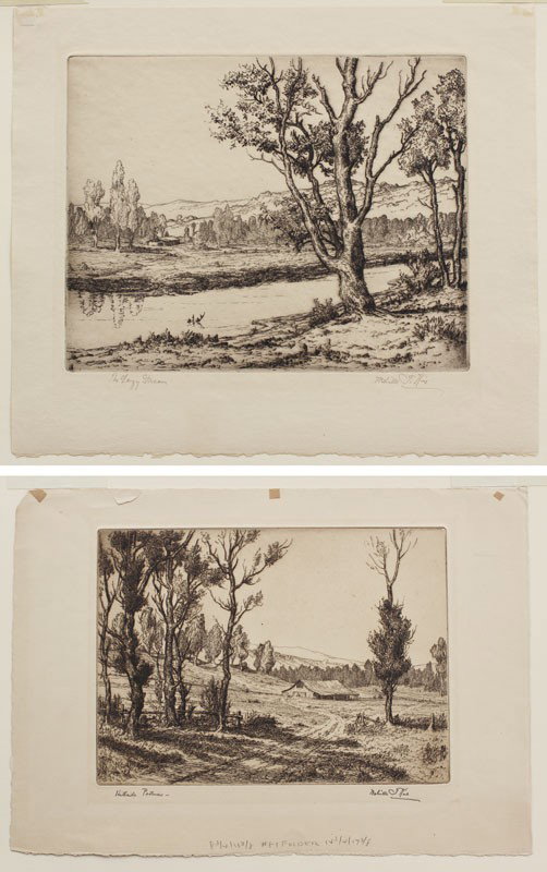2 piece MELVILLE WIRE ETCHING LOT: WIRE, Melville, (American, 1877-1966): ): 2 Piece Etching lot to include 1) ''Hillside Pastures'', 11 1/4'' x 16'', Etching, pencil signed lower right, titled lower left. Remnants of older tape in the