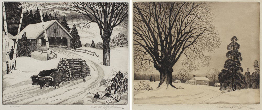 WILLIAM MACLEAN 2 PC ETCHING LOT: MACLEAN, William, (American, 1898-1987): 2 piece Etching Lot; 1) ''The Ox Team'', 13 1/4'' x 15'' with margins, pencil signed lower right, titled lower left. Hinge mounted with tape; 2) ''Dawn'', 12 1