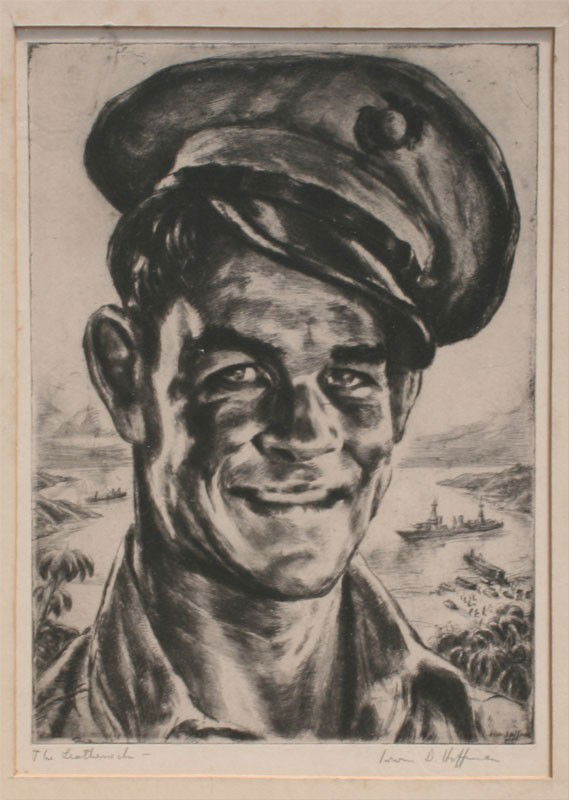 IRWIN HOFFMAN LEATHERNECK ETCHING: HOFFMAN, Irwin D., (American, 1901-1989): ''The Leatherneck'', Dry Point Etching, 13 1/4'' x 9 3/4'' with margins, pencil signed lower right, titled lower left, taped to mat from backside, unframed. A