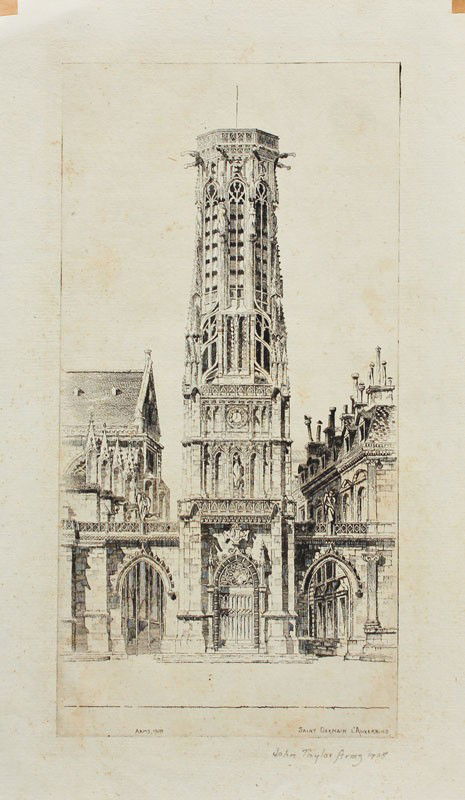 JOHN TAYLOR ARMS ST GERMAIN ETCHING: ARMS, John Taylor, (American, 1887-1953): ''St. Germain L'Auxerrois'', Etching, 12'' x 7 1/4'', pencil signed lower right and dated 1928, unframed.