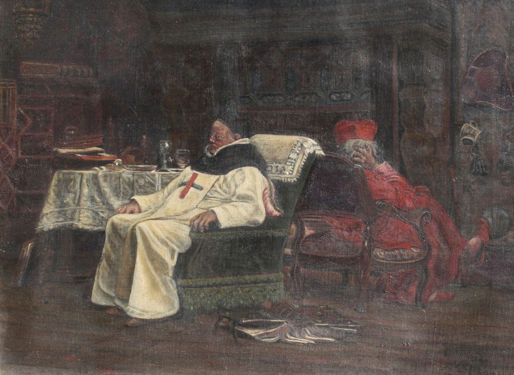 19TH C PAINTING AFTER VIBERT: LATE 19TH CENTURY OIL/CANVAS TITLED ''THE SCHISM AFTER JEAN GEORGES VIBERT'': Authorized copy of the original which hung in the Corcoran Gallery of Art, 12'' x 16'', signed lower right, painted by Wil