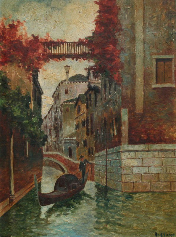ILLEGIBLY SIGNED VENETIAN CANAL PAINTING: VENETIAN CANAL SCENE WITH GONDOLIER ILLEGIBLY SIGNED LOWER RIGHT ROSSINI?: Oil/Canvas mounted on board, 24'' x 18'', period painted deep dish frame, 30 1/2'' x 24 1/4''.