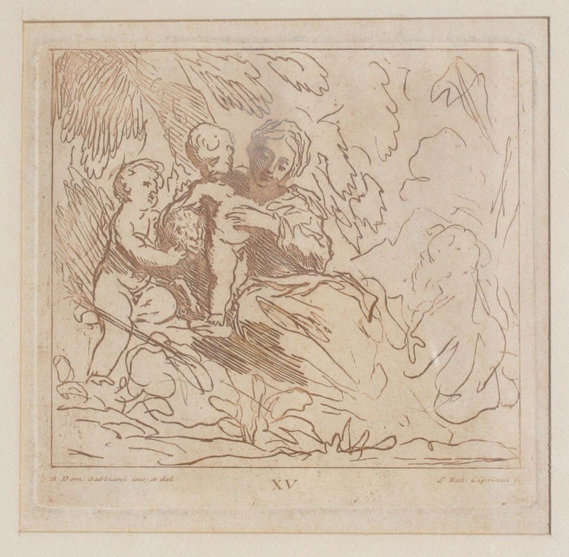 EARLY PRINT AFTER CIPRIANI: CIPRIANI, Giovanni, ''After''(Italian, 1727-1785): Depicting A Female, 2 Naked Children And A Lamb Set In A Landscape , Etching, sight size 7'' x 7 1/4'', gold frame with wear, 10 3/4'' x 13''.