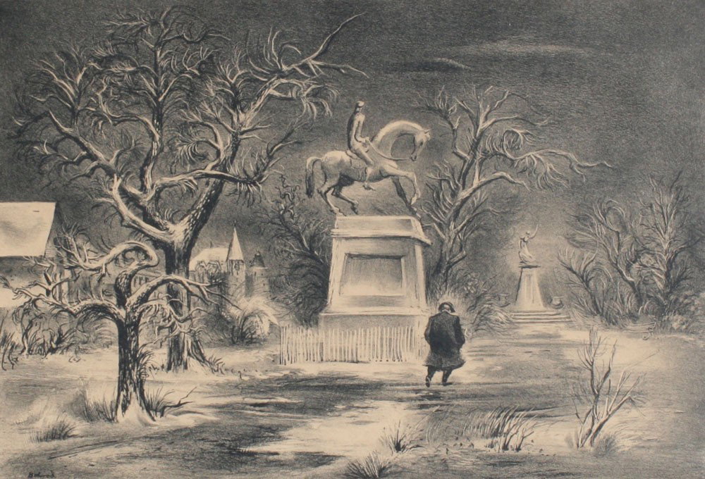 AARON BOHROD CITY PARK LITHOGRAPH: BOHROD, Aaron, (American, 1907-1992): ''City Park, Winter'', Lithograph, sight size 9 3/4'' x 13 3/4'', pencil signed lower right and also in the plate, original AAA label affixed verso, framed, 15''