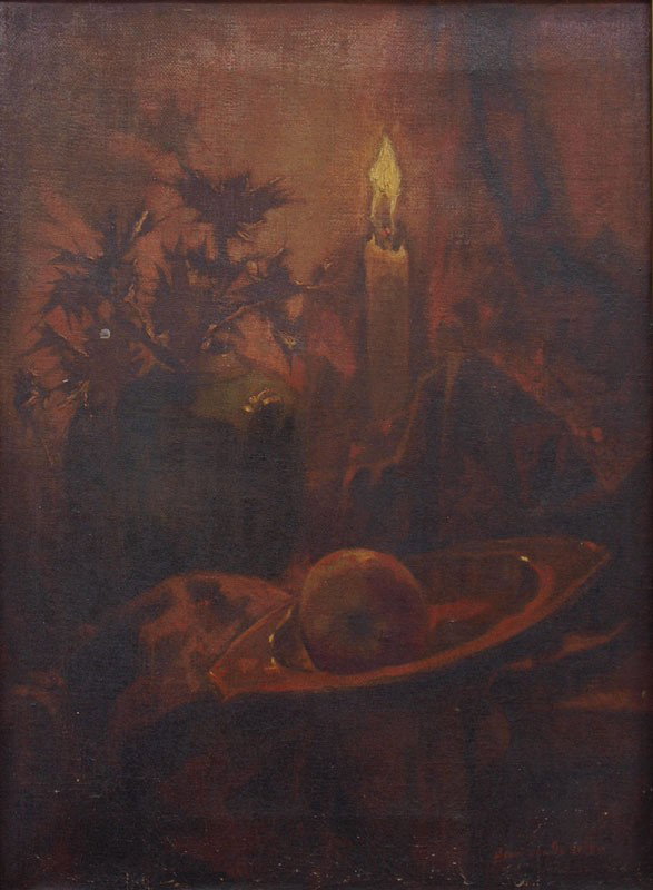 HENRI VAN OS DELHEZ STILL LIFE PAINTING: DELHEZ, Henri Van Os, (French , 20th C.): Candlelit Still Life with Pottery Vase and Apple, Oil/Canvas, 16'' x 12'', signed wooden frame, 18 1/2'' x 14 1/2''.