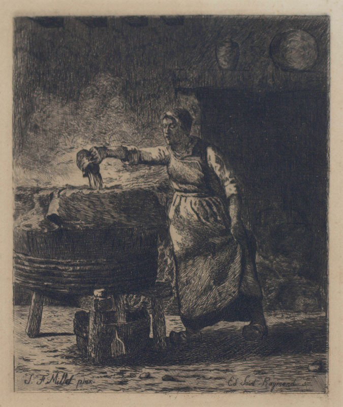 EDMOND SAINT-RAYMOND ETCHING AFTER MILLET: SAINT RAYMOND, Edmond, (European, 19th C.): Interior Scene with Maid, After an Image by Millet, Engraving, 13 3/4'' x 10 1/2'', dedicated to 'My Friend, Comrade, Jacques'', pencil signed by Raymond, f