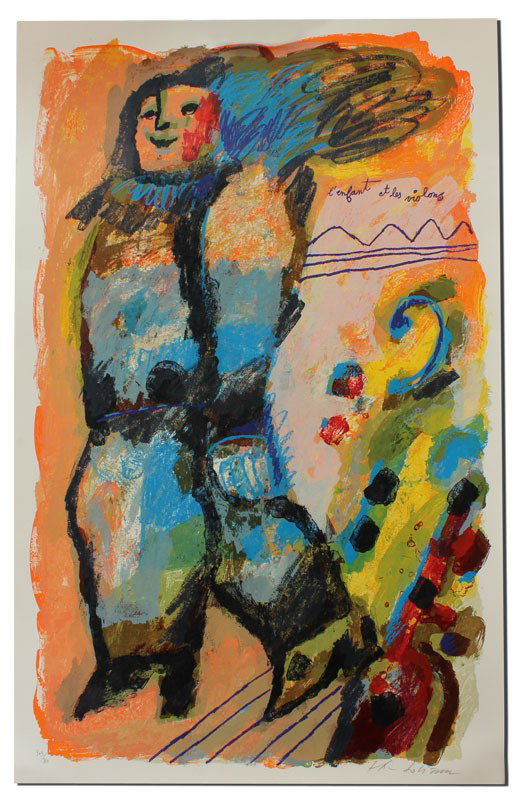 THEO TOBIASSE LITHOGRAPH L'ENFANT ET VIOLINS: TOBIASSE, Theo, (French, 1927-): L'Enfant et Violins, 1981, Lithograph, 35 1/2'' x 23 1/2'', pencil signed lower right, numbered lower left 303/360, unframed.