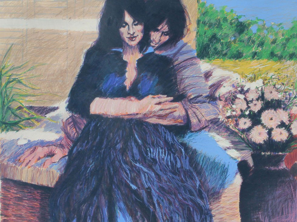 ALDO LUONGO YOUNG LOVERS LITHOGRAPH: LUONGO, Aldo, (Argentina, 1940-): Young Lovers, Lithograph, sight size 20 1/2'' x 35'', pencil signed lower right, numbered 159/275, custom painted white frame with wear, 38'' x 45''.