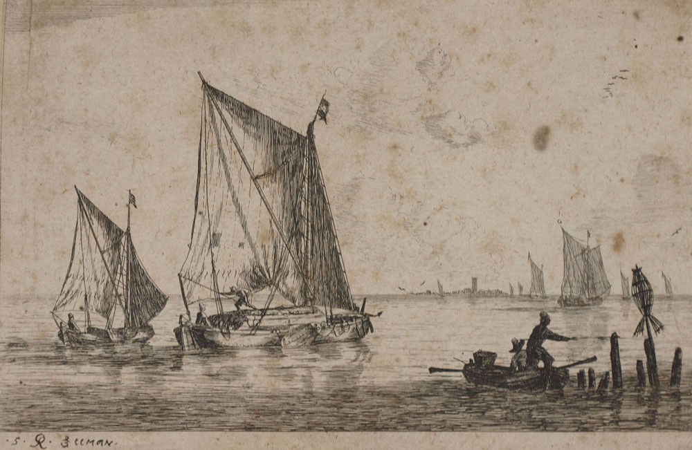 RENIER NOOMS MARITIME ETCHING: ZEEMAN, Renier Nooms, (Dutch 1623-1667): Harbor Scene with Figures, Etching, 5 1/4'' x 7 3/4'' with margins, signed in the plate, tipped to backing and upper corners.