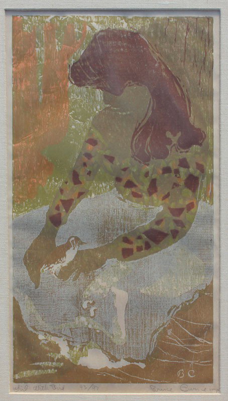 BRUCE CURRIE WOOD CUT GIRL WITH A BIRD: CURRIE, Bruce, (American, 1911-): ''Girl with a Bird'', Wood Cut, sight size 16 3/4'' x 9 1/2'', pencil signed lower right, numbered 43/97, titled lower left, custom frame, 25'' x 17'', Arwin Gallerie