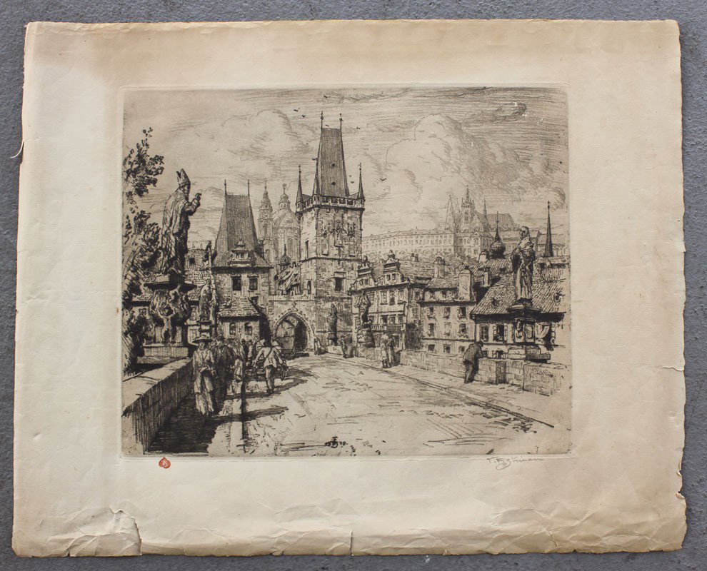 T.F. SIMON ETCHING ETCHING/AQUATINT: SIMON, Tavik Frantisek, (Czechoslovakian, 1877-1942): European Street Scene with Townspeople, Etching and Aquatint, 18" x 22 1/2" with margins, pencil signed lower right, red artist's cipher lower lef