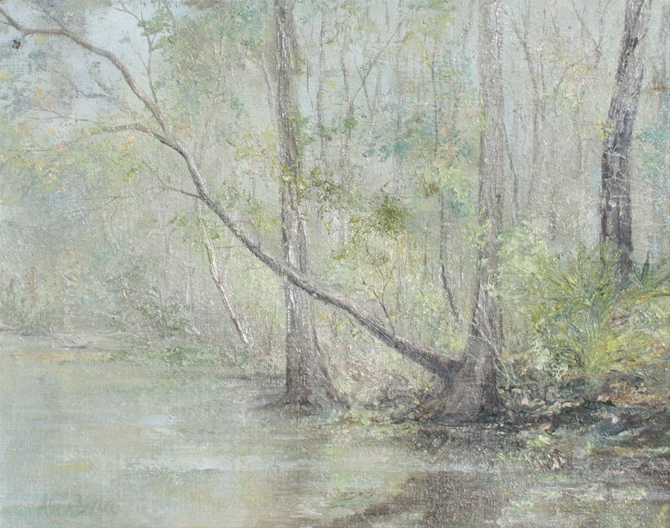 ALICE BRESEE MISTY MORNING PAINTING: BRESEE, Alice, (American 20th Century): ''Misty Morning'', Forest Stream, Oil/Canvas, 11'' x 14'', signed lower left, label affixed verso, framed, 13 1/2'' x 16 1/2''.