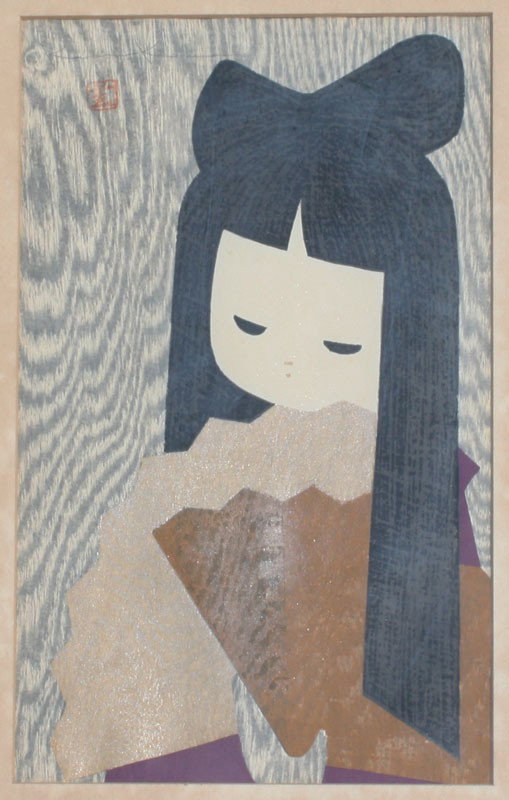 KAWANO JAPANESE WOODBLOCK PRINT: KAWANO, Kaoru, (Japanese, 1916-1965): Young Girl with Fan, Woodblock, sight size 14" x 8 3/4", pencil signed upper left, encased in original frame with wear, 18 1/4" x 13 3/4".