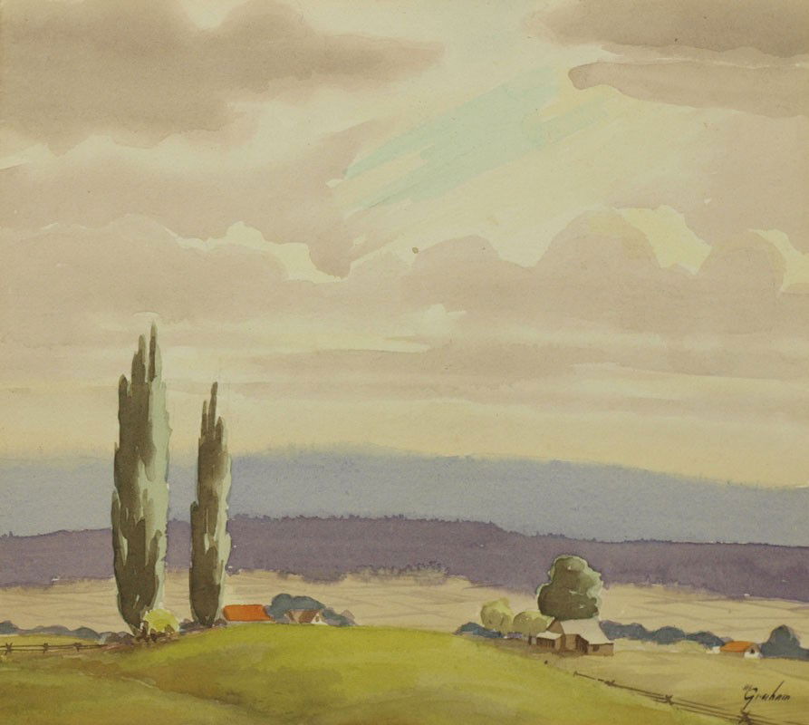 ROBERT ALEXANDER GRAHAM PAINTING: GRAHAM, Robert Alexander, (American, 1873-1934): Pastoral Landscape with Farm Houses, Watercolor, sight size 8'' x 9'', signed lower right, original label verso, unframed, dated verso 1934, affixed to