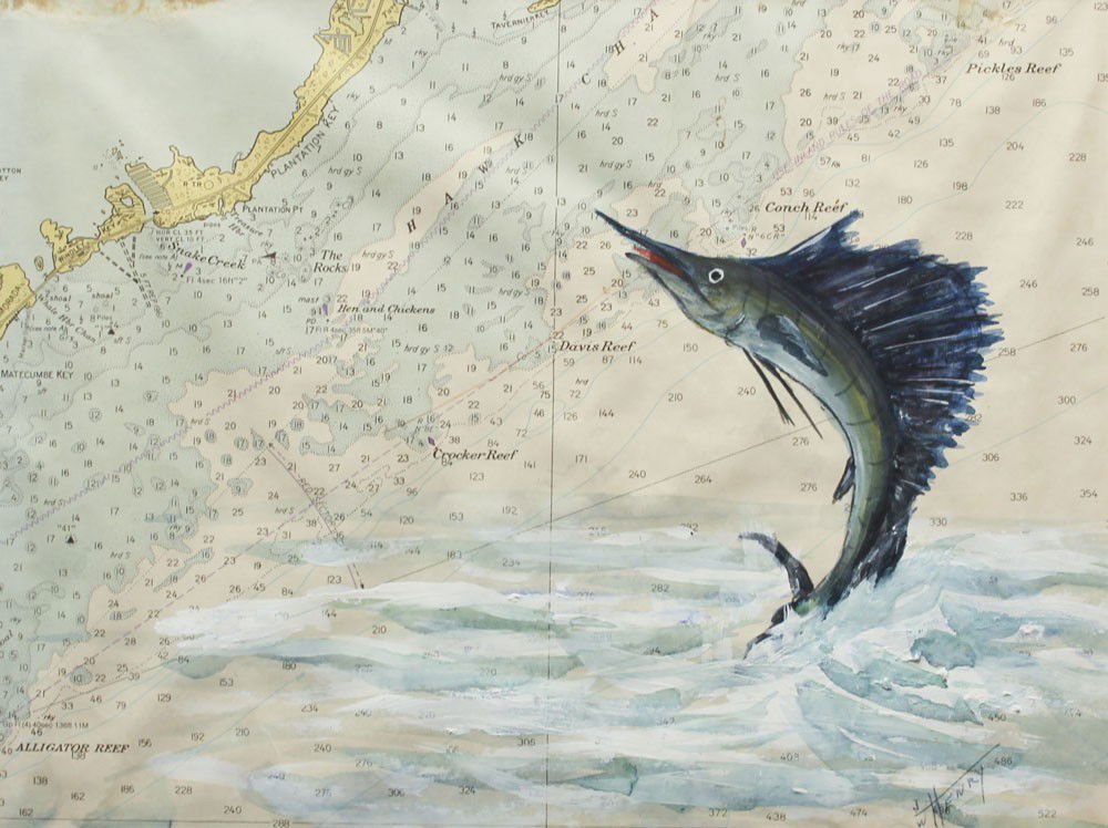 J.W. HENRY SAILFISH ILLUSTRATION: HENRY, J. W.,(American,20th Century): Illustration of a Sail Fish Leaping From the Water, Done on a Map of the Florida Keys, Gouache, sight size 9'' x 11 3/4'', signed lower right, framed, 11'' x 14''