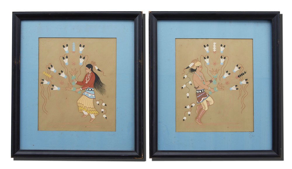2 HARRISON BEGAY SERIGRAPHS: BEGAY, Harrison, (Haskay Yah Ne Yah), (American, 1917-): 2 prints, Male and Female Navaho Feather Dancer Serigraphs, 13 1/2'' x 11 1/2'', signed and titled in the plate, marked in the lower margin :A