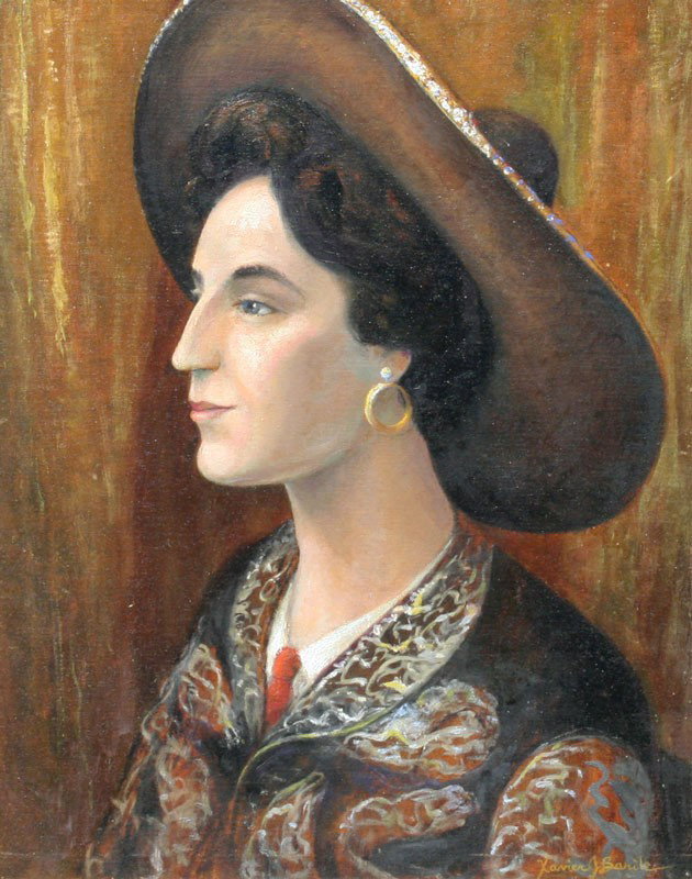 XAVIER BARILE PORTRAIT PAINTING: BARILE, Xavier, (American, 1891-1981): ''Portrait of Mrs. Grace Bergendahl '', with charra Mexican dress sombrero , Oil on Canvas Board, 20'' x 16'', signed lower right, signed, titled and dated 1960 