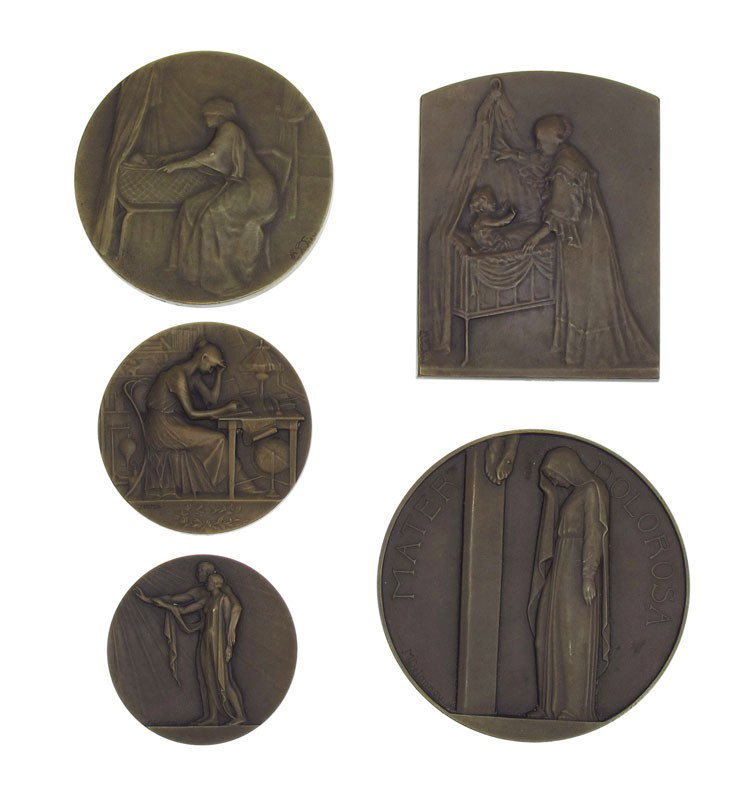 5 PC MEDAL LOT LUCIE, DEL PECH, DELANNOY: 5 Piece Bronze Metal Lot to include: 2 Medals by LUCIE, Signoret Ledieu, (French, 1858-1904) 1) Depicts a mother with a child in a crib 2 3/8'' x 1 7/8'', verso depicts 2 cherubs ringing a bell, both 