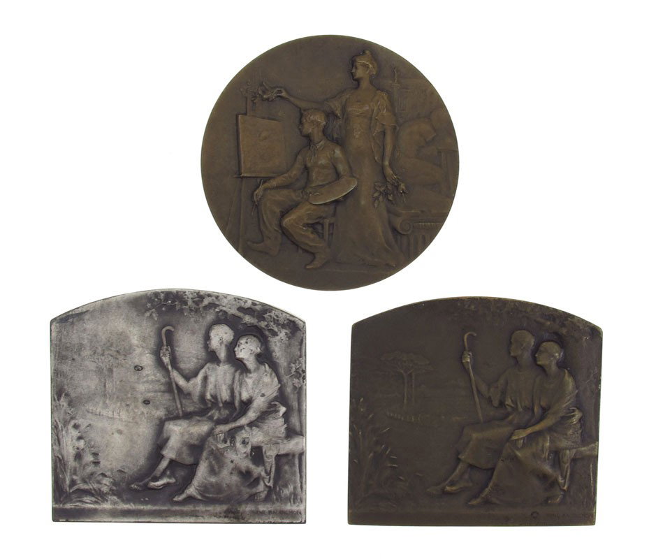 3 PC MEDAL LOT BAUDICHON: BAUDICHON, Renee, (French, 1878-1963): 3 piece medal lot to include 1) Bronze Plaque titled ''Silver Wedding'', 1 3/4'' x 1 7/8'', signed; 2) ''Silver Wedding'', marked 'Argent', 1 3/4'' x 1 7/8''; 3)