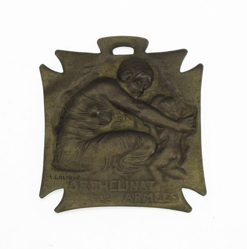 RENEE LALIQUE ORPHELINAT DES ARMEES BRONZE WAR MED: RENEE LALIQUE ORPHELINAT DES ARMEES BRONZE WAR MEDAL: 1 1/4'' x 1 1/4'', signed.