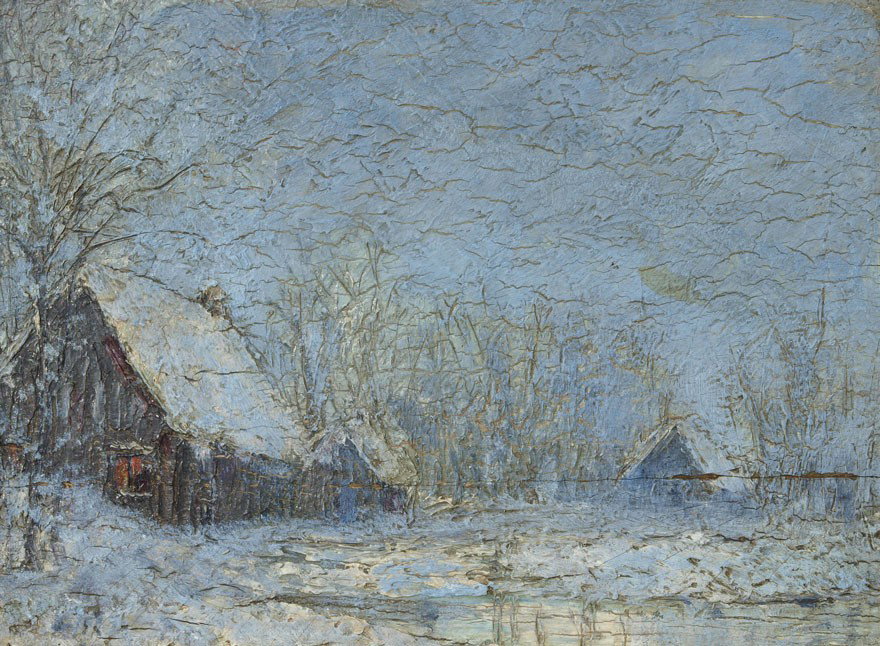 GOOD AMERICAN IMPRESSIONIST PAINTING: GOOD UNSIGNED AMERICAN IMPRESSIONIST SNOW COVERED CABIN LANDSCAPE: Oil/Cigar Panel, 5'' x 6 5/8'', painted white wooden frame with minor wear, 8'' x 9 1/2''.