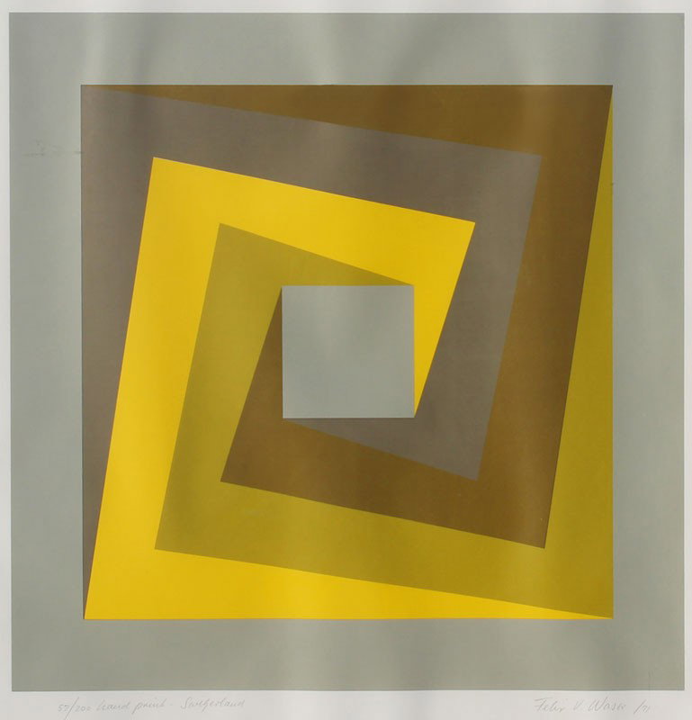 FELIX WASER MODERN PRINT: WASER, Felix, (European, 20th c.): Geometric Composition, Serigraph, sight size 28 1/2" x 19 3/4", pencil signed lower right, dated '71, numbered 27/50 "hand-print, Switzerland" lower left, , metal fr