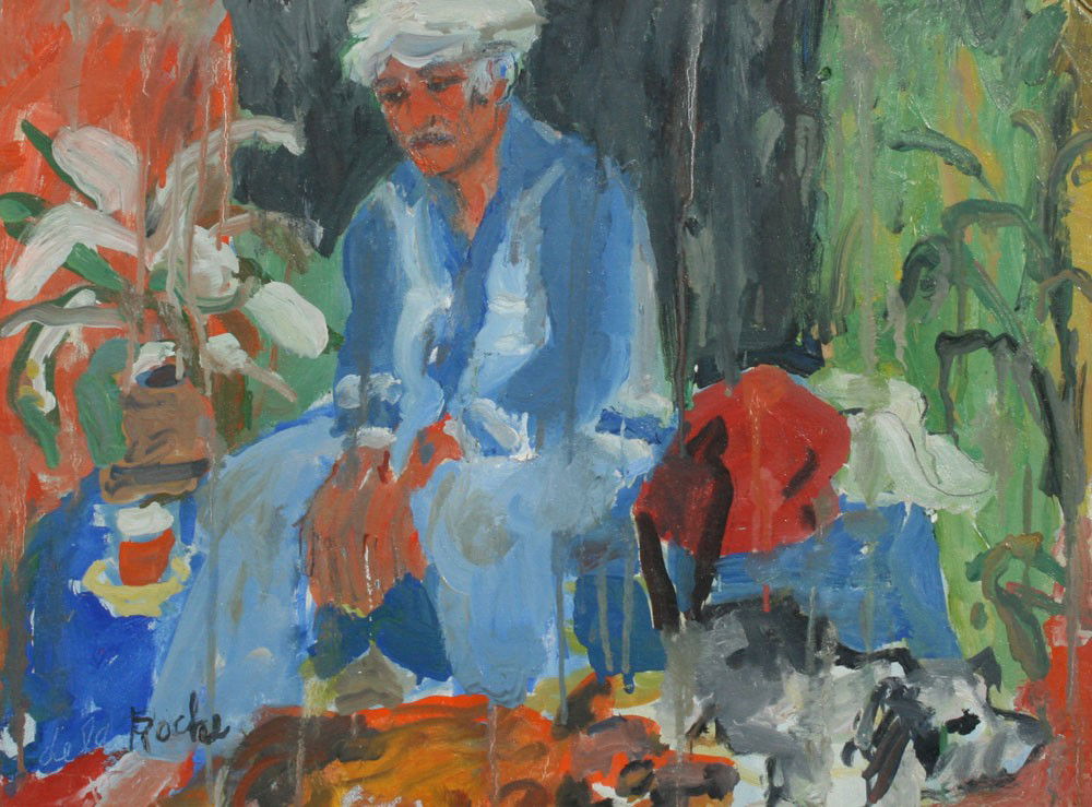 JANET DE LA ROCHE PAINTING: ROCHE, DE LA, Janet, (American, 1916-200): Man Seated with Hands Clasped in Contemplation, 18'' x 24'', signed lower left, framed, 21'' x 26 1/2''.
