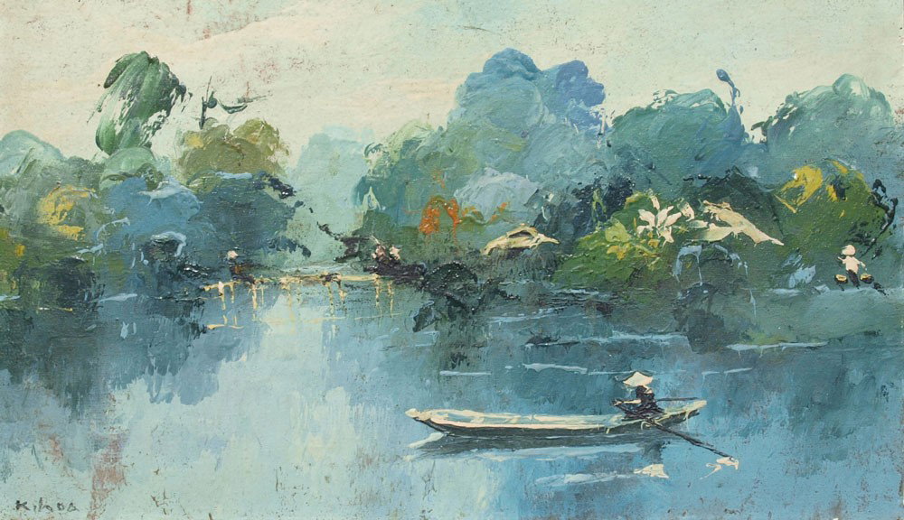 VIETNAMESE RIVER PAINTING SIGNED KILOA: VIETNAMESE RIVER SCENE SIGNED KILOA: Oil/canvas, 12'' x 19 5/8'', signed, framed, 18'' x 25''.