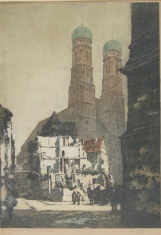 LUIGI KASIMIR FRAUENTHURME IN MUNICH ETCHING: KASIMIR, Luigi, (Austrian, 1881-1962): ''Die Frauenthurme in Munich'', Etching and Aquatint, 22 3/4'' x 15 3/4'' sight size, pencil signed and titled, framed, 32 1/2'' x 25''.