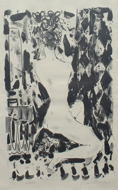 EMIL WEDDIGE FEMALE NUDE LITHOGRAPH: WEDDIGE, Emil, (American, 1907-): ''Nude'', Female nude in an interior, lithograph, 35 1/2'' x 24 1/2'' with margins, pencil signed lower right, titled and numbered 2/12, professionally framed, 42 1/2