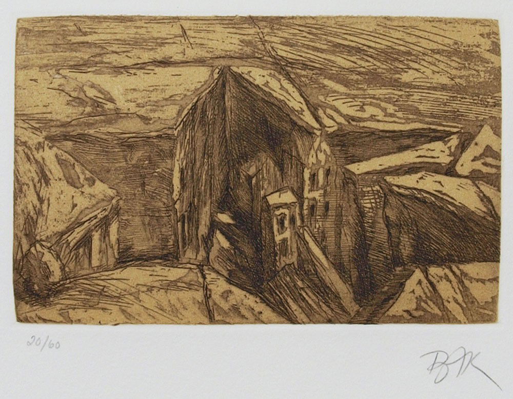 SAMUEL BAK HOUSES OF THE GHETTO ETCHING: BAK, Samuel, (Israel, 1933-): ''Houses of the Ghetto'', Etching, 3 1/5'' x 5 1/2'', pencil signed lower right, numbered 20 of 60 lower left, Hucker Gallery, Boston, label affixed verso, archivally mat