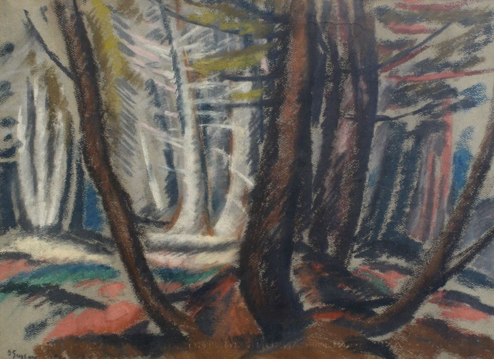 BERNARD GUSSOW PASTEL LANDSCAPE: GUSSOW, Bernard, (American, 1881-1957): Forest of Trees, Pastel, site size 14'' x 20'', signed lower left, dated 1920?, carved and gilded frame with wear, 22 1/2'' x 28''.