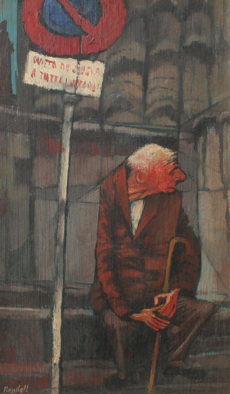 LESTER RONDEL OLD MAN IN ROME PAINITING: RONDELL, Lester, (American, 1907-): ''Old Man in Rome'', Oil on Wood, 18 1/4'' x 11 1/8'', signed lower left, titled verso, silvered frame with wear and damage to liner, 22'' x 15''.