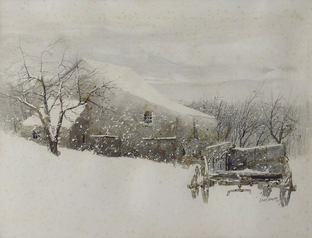 XAVIER IRONSIDE WINTER PAINTING: IRONSIDE, Xavier, (American, 20th C.): Winter Barn with Wooden Wagon, Watercolor, sight size 14 1/2'' x 20 1/2'', signed lower right, dated '71, framed, 28'' x 32''.