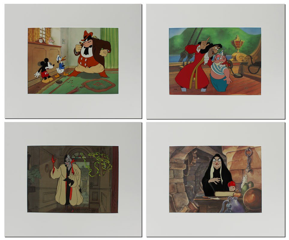 FOUR WALT DISNEY ANIMATION CELLS: FOUR WALT DISNEY ANIMATION CELLS: SNOW WHITE (WITCH), 101 DALMATIANS (CRUELLA DE VILLE), PETER PAN (CAPTAIN HOOK), MICKEY MOUSE (MICKEY MOUSE AND DONALD DUCK): 13'' x 16'' each; All with Walt Disney C