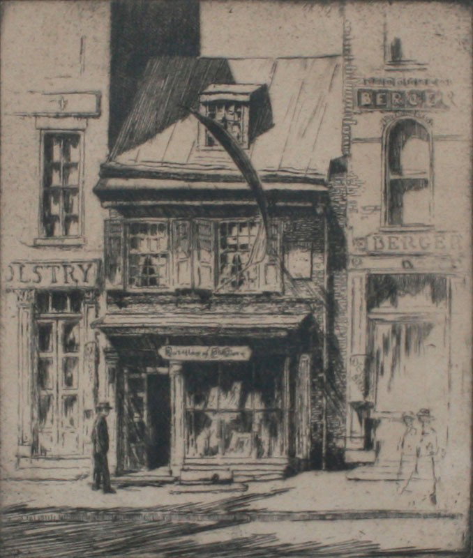 PULLINGER ETCHING OF BETSY ROSS HOUSE: PULLINGER, Herbert, (American, 1878-): Etching of Betsy Ross House, pencil signed and titled in the lower margin, sight size 7 1/2'' x 6 3/8'', framed 15 1/2'' x 13''.