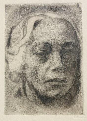 KATHE KOLLWITZ SELF PORTRAIT ETCHING: KOLLWITZ, Kathe, (German, 1867-1945): Self Portrait, ETCHING RESTRIKE, 12'' x 9'', blind stamp LR, Ferdinand Roten label verso, contemporary frame, 15 1/2'' X 12 1/2''.