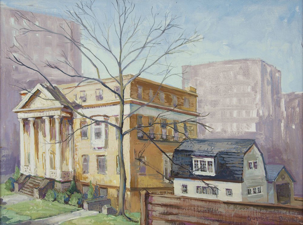 GUSTAVE BRUST URBAN PAINTING: BRUST, Gustave, (American, 20th C.): City Scene with Government Building, Oil/Canvas mounted on board, 12'' x 16'', signed lower right, framed, 16'' x 20''.