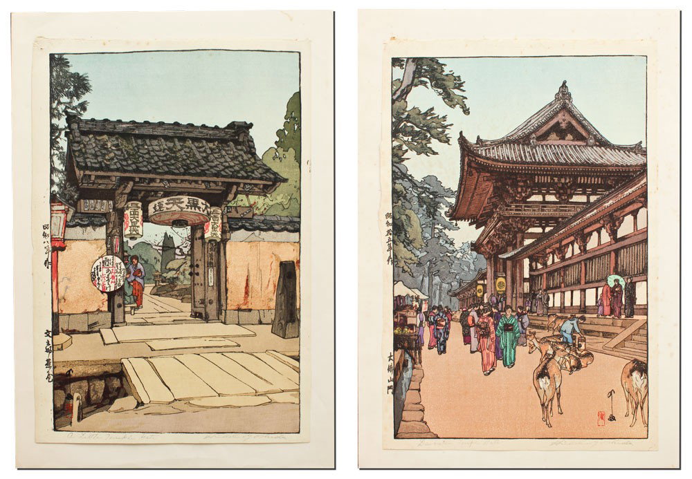 2 HIROSHI YOSHIDA JAPANESE WOODBLOCKS: YOSHIDA, Hiroshi, (Japanese, 1876-1950): YOSHIDA, Hiroshi, (Japanese): 2 Woodblock Prints; 1) ''A Little Temple Gate'', 15 1/2'' x 10 3/4'', stamp signed and titled in the lower margin, hinge mounted.