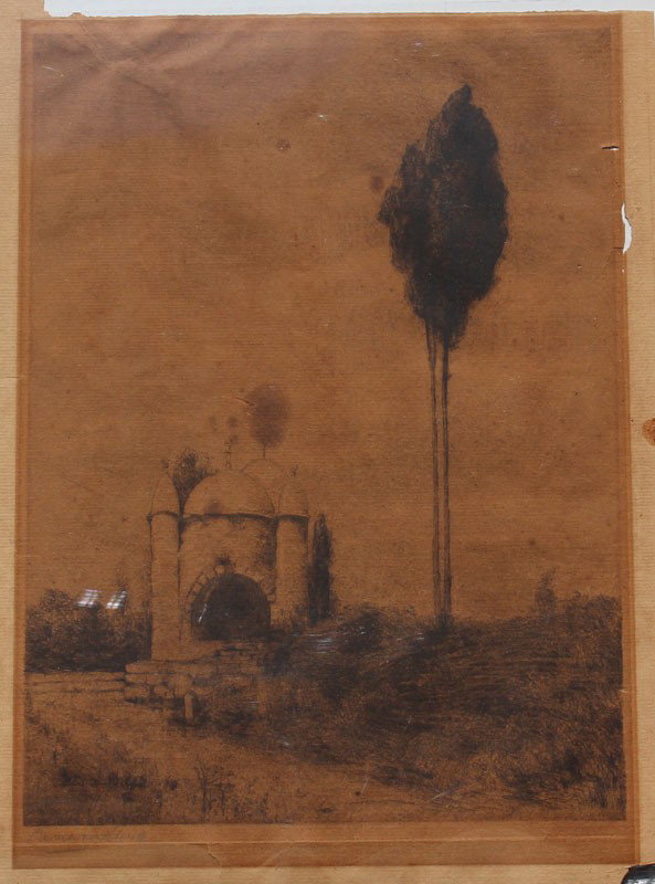 HERMANN STRUCK OASIS ETCHING: STRUCK, Hermann, ( German, 1876-1944): Middle Eastern Oasis, Dry Point Etching, 14'' x 10'' with margins, signed lower left.