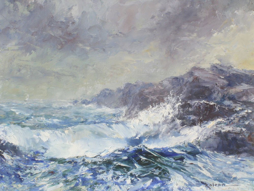 PETER KOLEAN PARTING STORM PAINTING: KOLEAN, Peter, (American, 20th C): ''The Parting Storm'', Oil on Masonite, 12'' x 16'', signed lower right, title label verso, custom painted frame, 17 1/2'' x 21 1/2''.