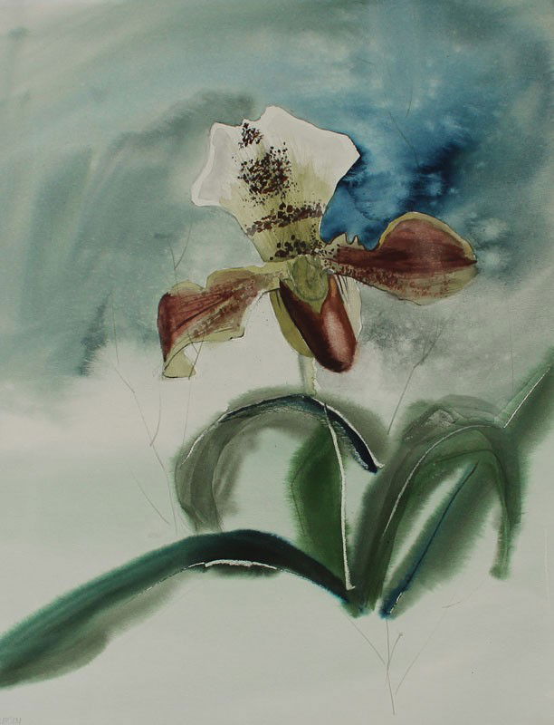 FRAN LARSEN FLORAL WATERCOLOR PAINTING: LARSEN, Fran, (American, 1937-): "Paph", Floral Still Life, Watercolor, image size 17" x 12 1/2", signed lower right and dated 1968, titled lower left, unframed, 20 1/8" x 16".