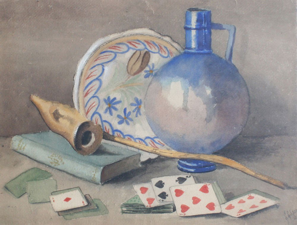 EARLY 20TH C. WATERCOLOR STILL LIFE BY G. GIBSON: EARLY 20TH CENTURY WATERCOLOR STILL LIFE BY G. GIBSON: Playing Cards, Porcelain Bottle, Pipe and Book, sight size 13 1/2'' x 18 1/2'', signed lower right and dated 1912, later frame, 22 1/2'' x 26 1/2