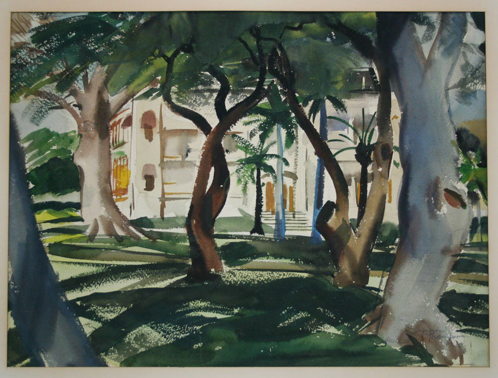 SEYMOUR THOMPSON HAWAIIAN PAINTING: THOMPSON, Seymour, (American, 1910-1981): ''Iolani Palace Through The Trees'', W/C, sight size 14 1/2'' x 19 3/4'', signed lower right, palace information affixed verso of newspaper clippings, encased