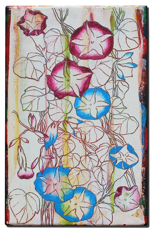 NOBU FUKUI MORNING GLORY PAINTING: FUKUI, Nobu, (Japanese-American, born 1942): ''Morning Glory'', Acrylic/Canvas/Board, 12'' x 7 3/4'', unframed, Marisa Del Re Gallery label affixed verso, signed, dated 1991 and titled on the board.