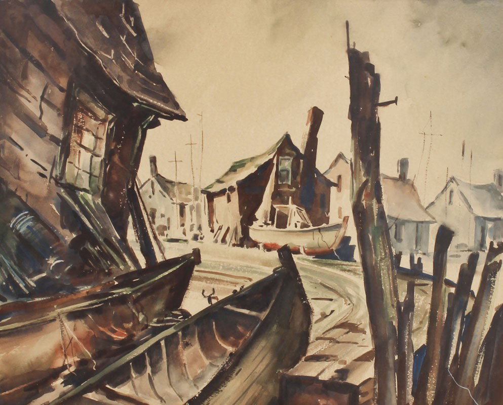 ROCKPORT? WPA ERA PAINTING UNSIGNED: WPA ERA WATERCOLOR OF A SHIPYARD: Sight size 14" x 18", framed, 21" x 25".